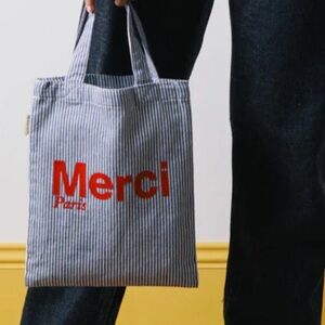NWT Merci mini Paris Striped Canvas Tote Bag in Blue with Red Felt Logo